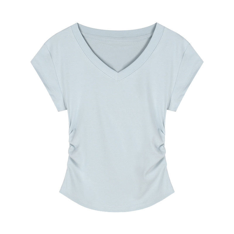 V-neck Short-sleeved Shoulder T-shirt Design Tight Waist Bottoming Shirt