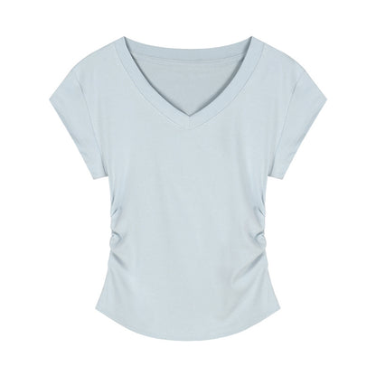V-neck Short-sleeved Shoulder T-shirt Design Tight Waist Bottoming Shirt