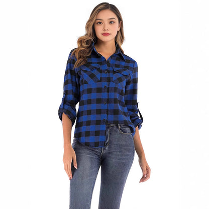 European And American Retro Plaid Women's Clothing All-matching Lapel Long Sleeve Shirt Coat