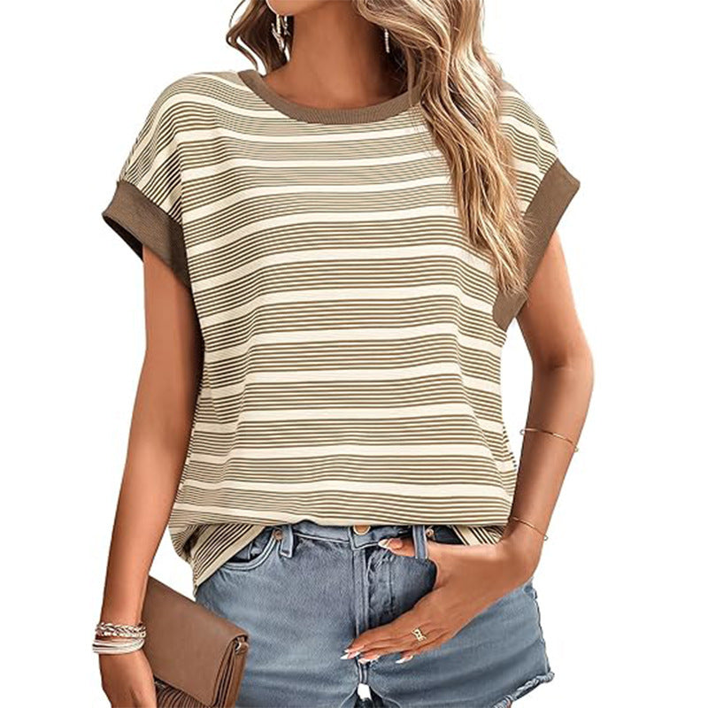 Women's Clothing Stylish Loose Round Neck Stripe Knitted T-shirt