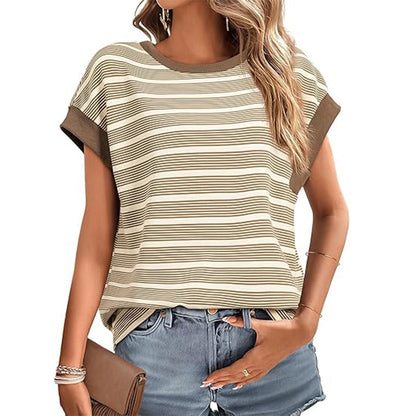 Women's Clothing Stylish Loose Round Neck Stripe Knitted T-shirt