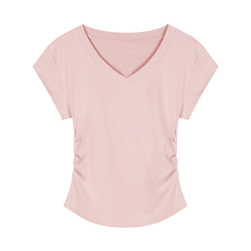 V-neck Short-sleeved Shoulder T-shirt Design Tight Waist Bottoming Shirt