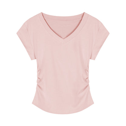 V-neck Short-sleeved Shoulder T-shirt Design Tight Waist Bottoming Shirt