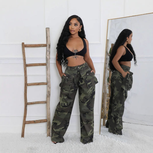 Camouflage Multi-pocket Loose Zip Overalls
