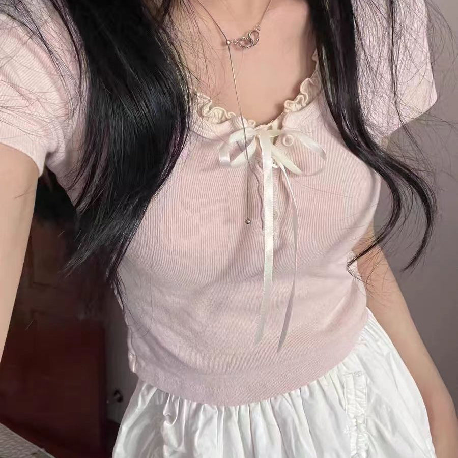 Women's Summer Sweet Bow Lace Short-sleeved Top T-shirt