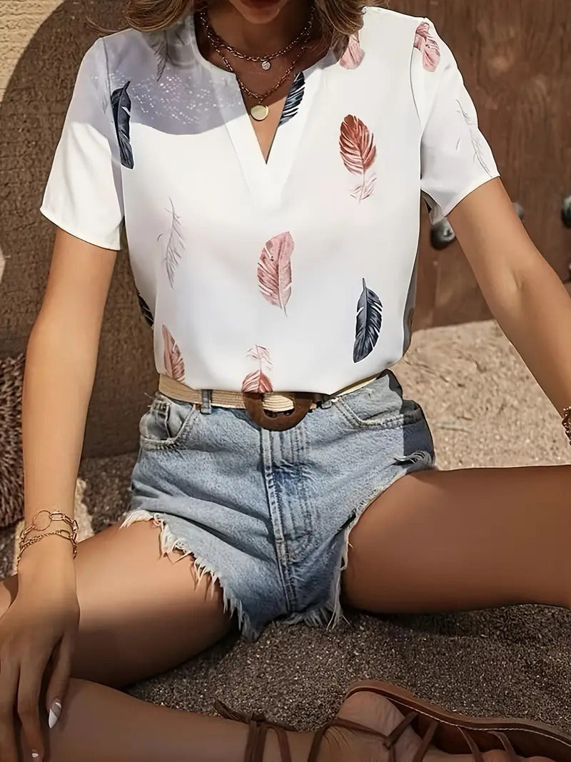 New V-neck Female Animal Print Casual All-match Short-sleeved Top