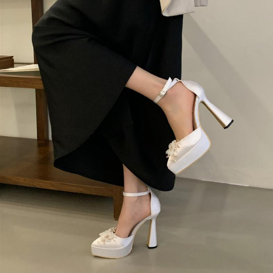 Women's Chunky Heel Waterproof Platform Silk High Heels