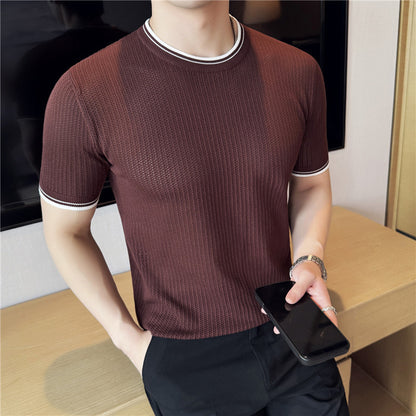 Men's Round Neck Contrast Color Stretch Knitted T-shirt
