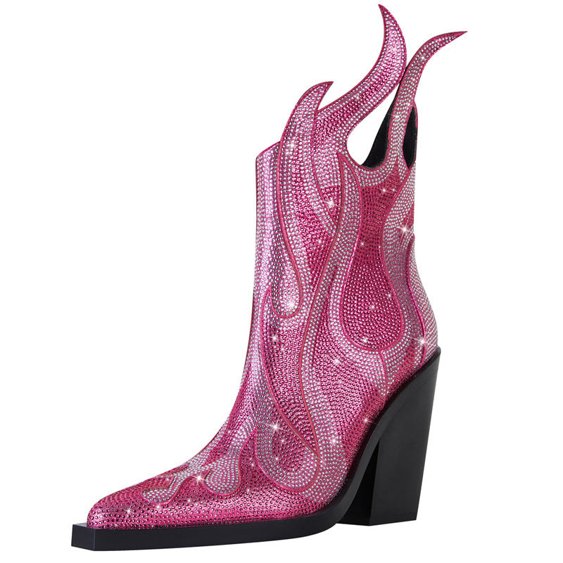 New Sexy Square Toe Chunky Heel Rhinestone Flame Martin Boots