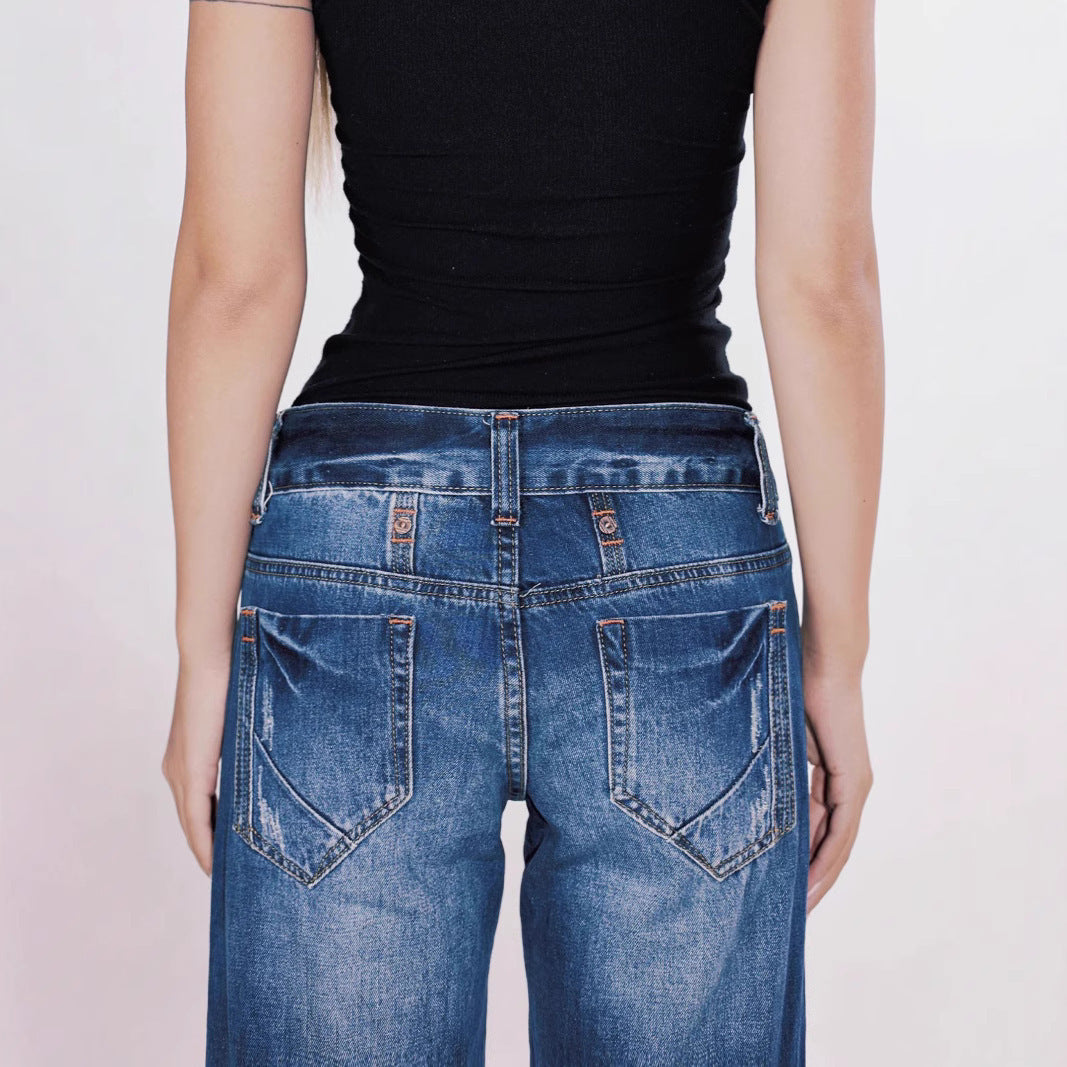 American-style Retro Low Waist Washed Straight Jeans