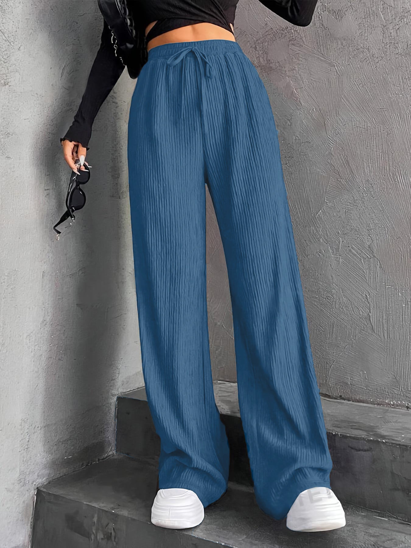 New Women's Elastic Waist Pinstripe Road Straight Wide Leg