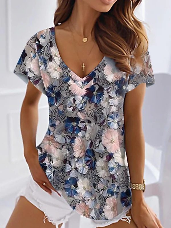 Women's T-shirt Floral Pink Blue Purple Printed Short Sleeve Holiday Weekend Tunic V-neck Regular Style
