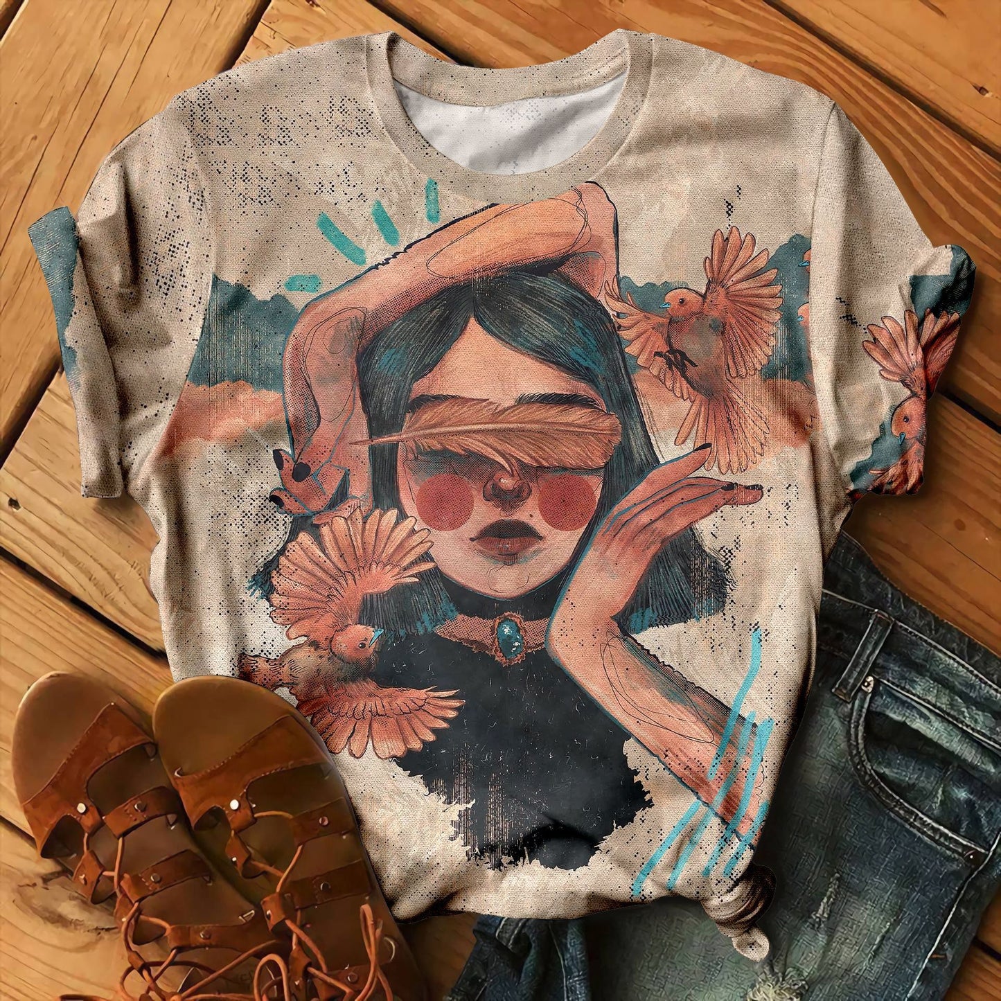 Exquisite Pattern 3D Digital Printed Round Neck Short Sleeve