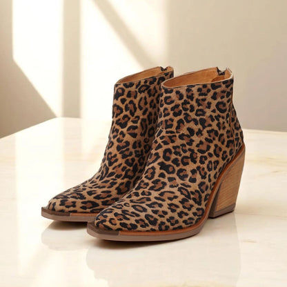 Leopard Pointed Ankle High-top Back Zipper Pull-up Boots For Women