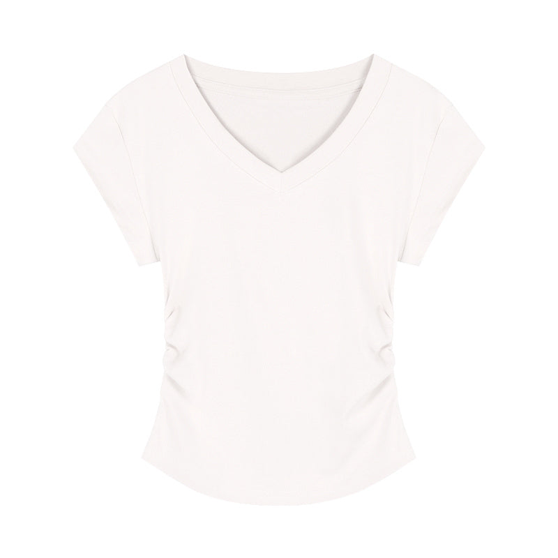 V-neck Short-sleeved Shoulder T-shirt Design Tight Waist Bottoming Shirt