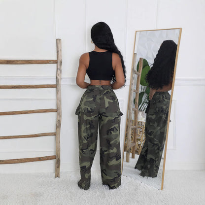 Camouflage Multi-pocket Loose Zip Overalls