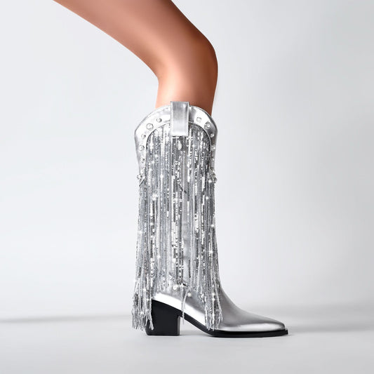 Sequin Tassel Pointed Sleeve High Leg Boot