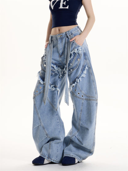 American Retro Heavy Industry Mechanical Style Deconstruction Cargo Jeans