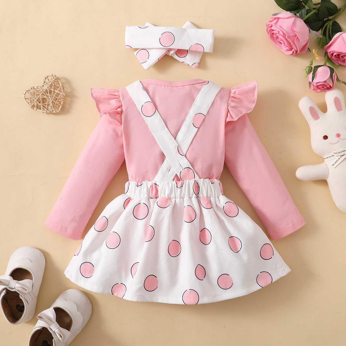 Polka Dot Rabbit Affixed Cloth Embroidered Suspender Skirt Outfit