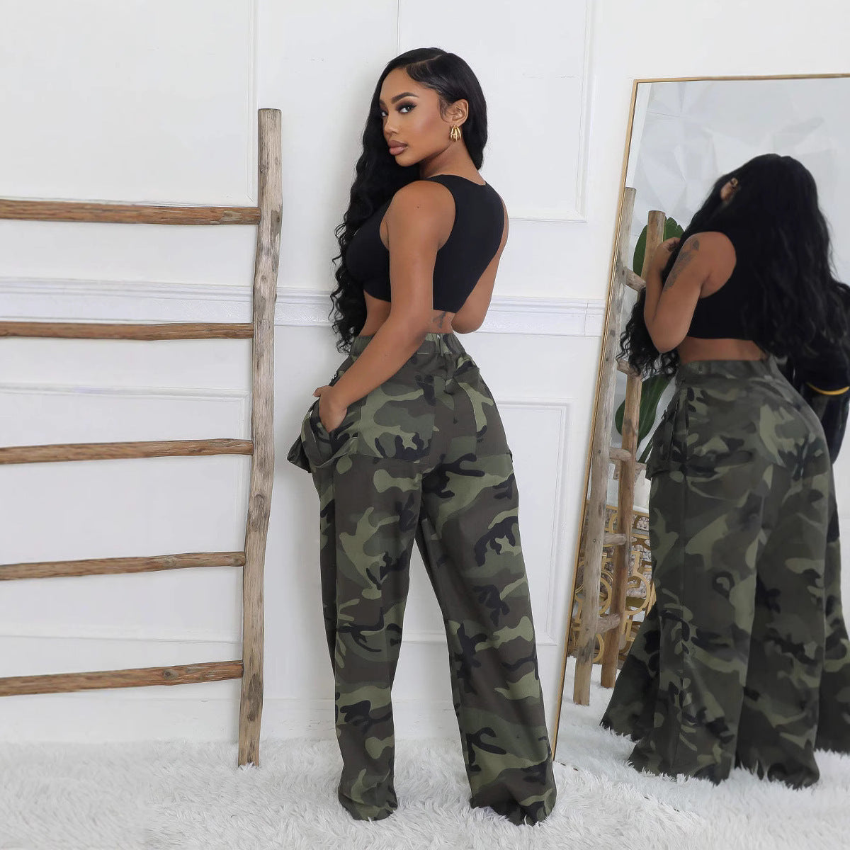 Camouflage Multi-pocket Loose Zip Overalls