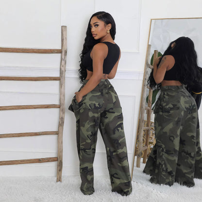 Camouflage Multi-pocket Loose Zip Overalls