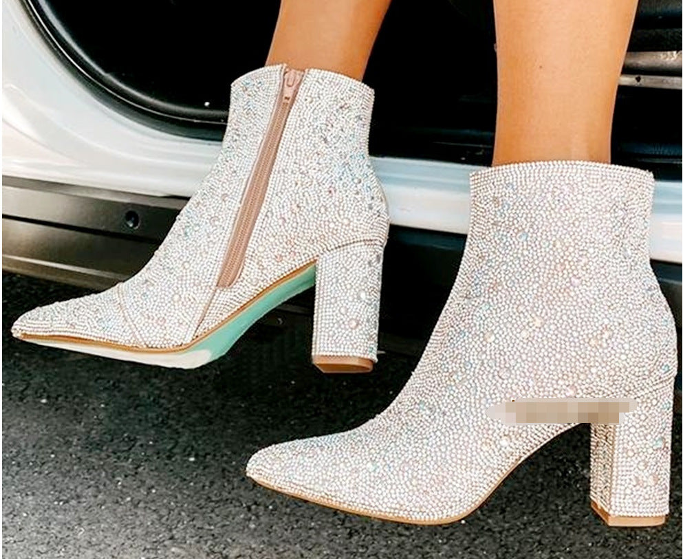 Rhinestone Pointed Toe Fashion Ankle Boots