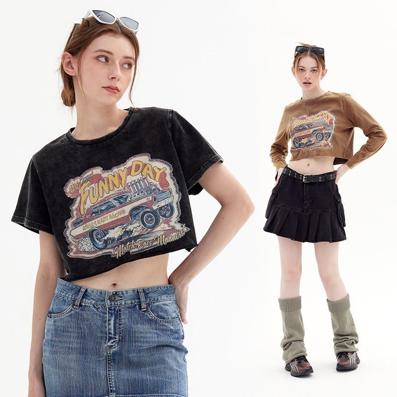 Retro Distressed Printed Short Sleeve Round Neck Shoulder Width Loose