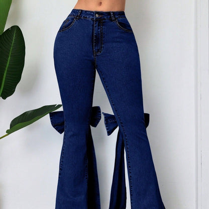 Three-dimensional Bow Slim-fit Mid-stretch Mop Horn Denim Trousers