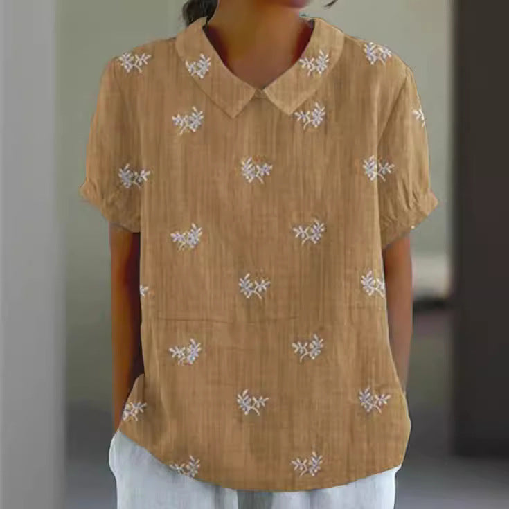 Women's Floral Stitching National Style Printing Lapel Short Sleeve