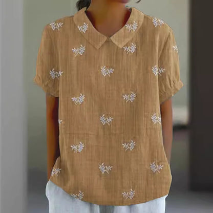 Women's Floral Stitching National Style Printing Lapel Short Sleeve