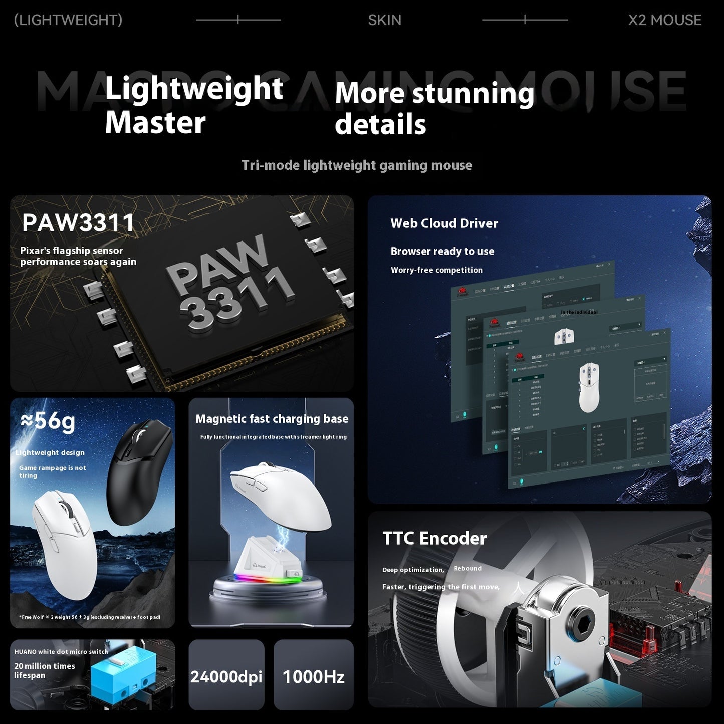 Lightweight PAW3311 Wireless Bluetooth Three-model Game Mouse