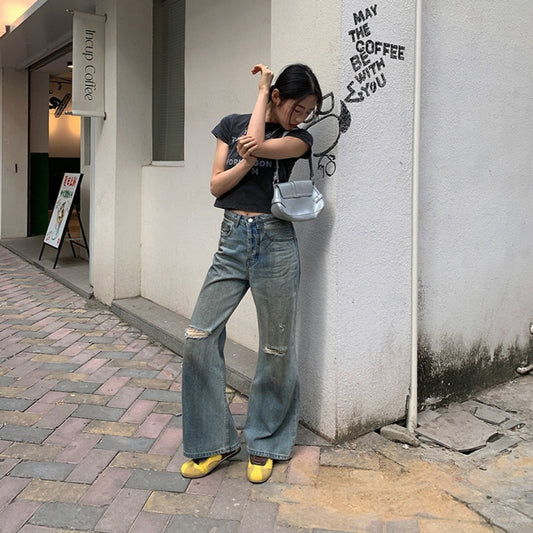 Retro Make Old Ripped Straight Casual Pants Women's High Street Slimming Jeans