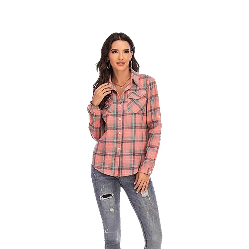 European And American Retro Plaid Women's Clothing All-matching Lapel Long Sleeve Shirt Coat