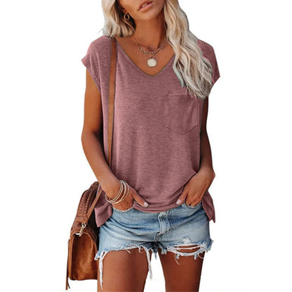 Women's Solid Color Vest Pocket V-neck Short-sleeved T-shirt With Shoulder