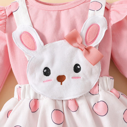 Polka Dot Rabbit Affixed Cloth Embroidered Suspender Skirt Outfit