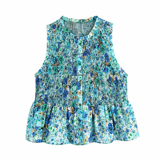New Slim Fit Slim Versatile Sleeveless Frill Print