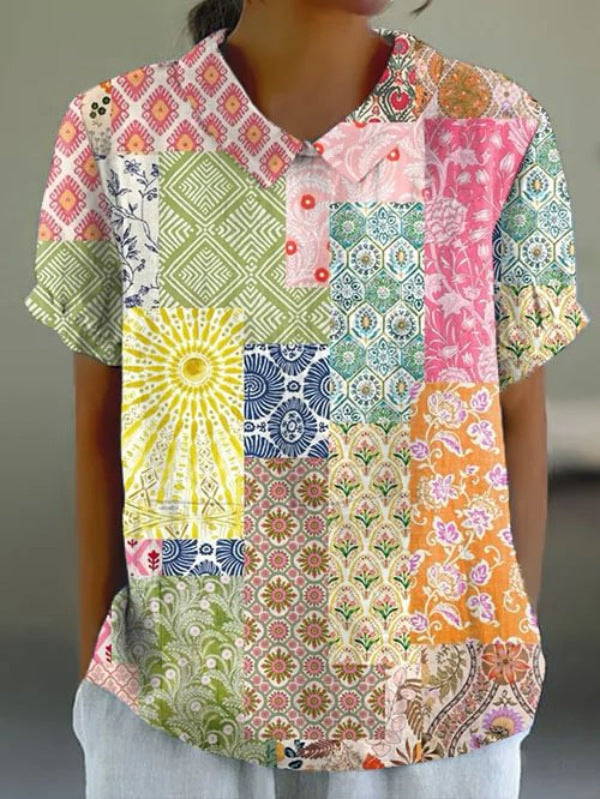 Women's Floral Stitching National Style Printing Lapel Short Sleeve