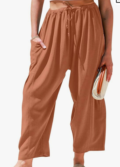 Stretched-waist Pleated High-waisted Wide-leg Loose Casual Cotton And Linen Long Pants