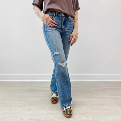 Ripped Jeans Slim-fitting Mid-waist Straight-leg Pants Distressed
