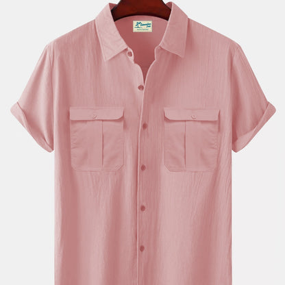 Solid Color Patchwork Linen Cardigan Short Sleeve Loose Lapels Men's Shirt