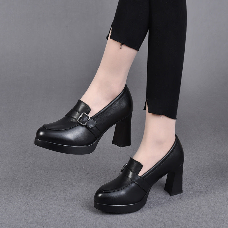 Women's French Chunky Heel Waterproof Platform Retro High Heel Leather Shoes
