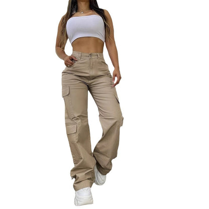 Brown Casual High Waist Work Clothes Patch Pocket Wide Leg Trousers