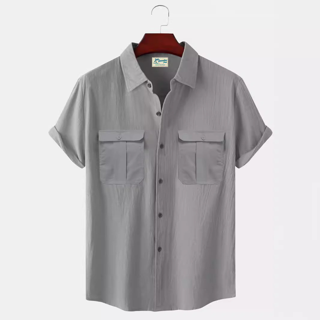 Solid Color Patchwork Linen Cardigan Short Sleeve Loose Lapels Men's Shirt