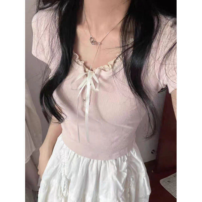 Women's Summer Sweet Bow Lace Short-sleeved Top T-shirt