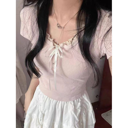 Women's Summer Sweet Bow Lace Short-sleeved Top T-shirt