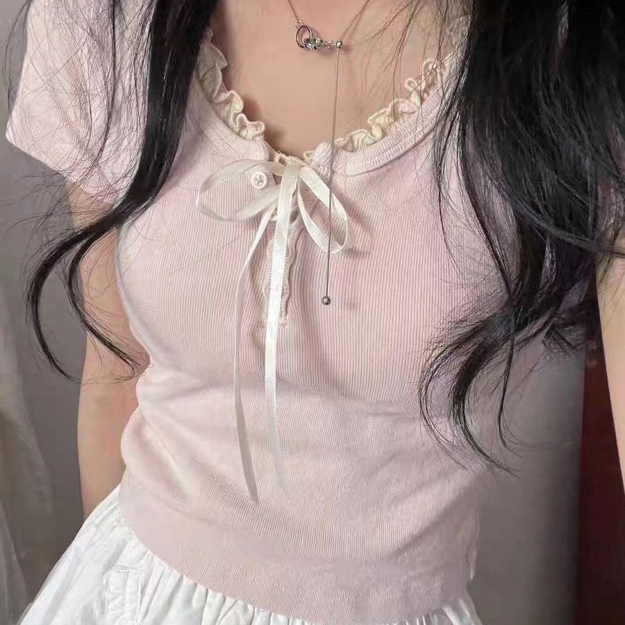 Women's Summer Sweet Bow Lace Short-sleeved Top T-shirt