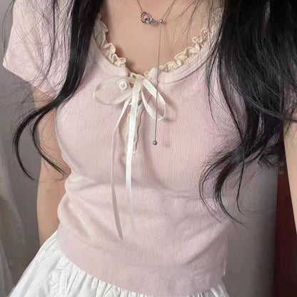 Women's Summer Sweet Bow Lace Short-sleeved Top T-shirt