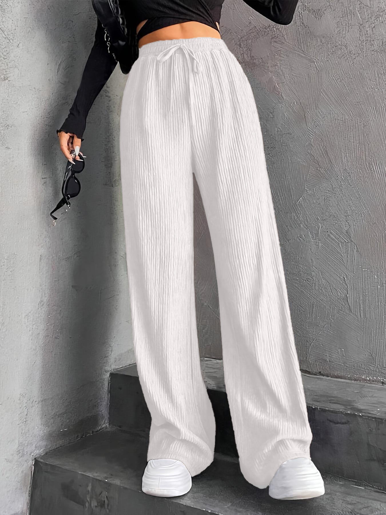 New Women's Elastic Waist Pinstripe Road Straight Wide Leg