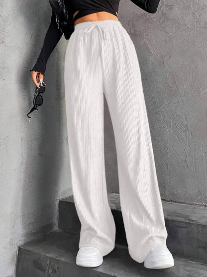 New Women's Elastic Waist Pinstripe Road Straight Wide Leg