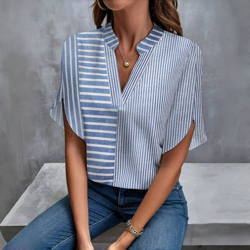 Summer New Stand Collar Pullover Striped Printed Casual Shirt